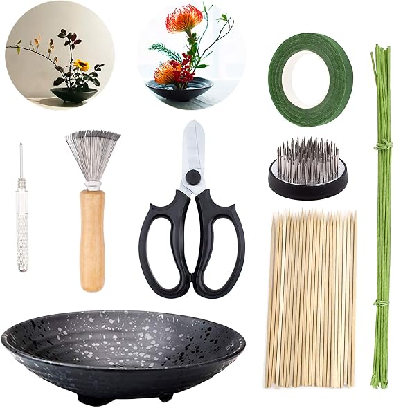 WANDIC Flower Arrangement Kit, Set of 51, Round Flower Holders, Ceramic Flower Pot, Kenzan Needle Cleaning Pin & Rake, Floral Stems and Floral Tape for Flower Arranging Art