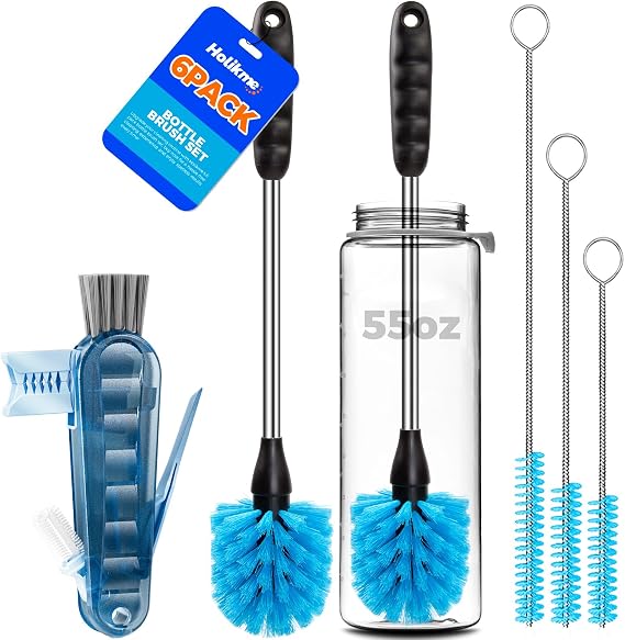 Holikme 6 Pack Bottle Brush 14" Stainless Steel Straw Cleaner Brush,Blue