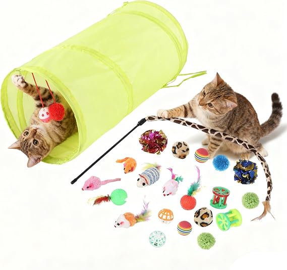 YDYJKI Cat Toys Interactive for Indoor Cats - Collapsible Cat Tunnel, Retractable Fishing Pole Wand Toy with Feather Attachments, Durable Kitten Teaser Replacement Refills for Play