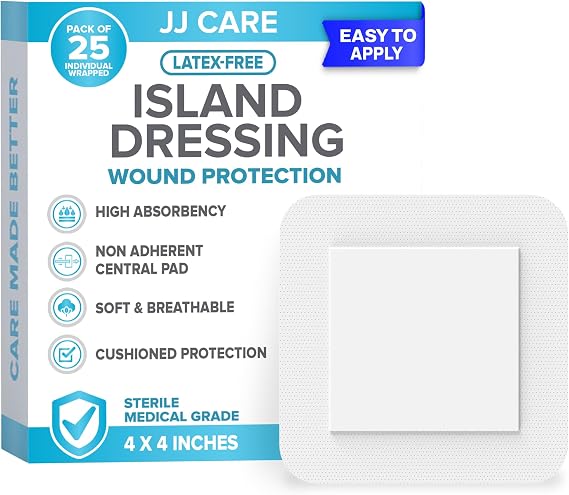 Adhesive Island Dressing [Pack of 25], 4x4 Sterile Bordered Gauze, Breathable Island Wound Dressing, Individually Wrapped Adhesive Gauze Bandages with Non-Stick Central Pad