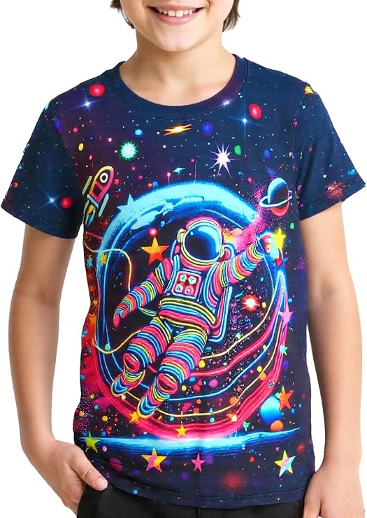 Astronaut Neon Shirts for Boys 5-14 Years, Crew Neck 3D Short Sleeve Fashion T-Shirts for Kids Graphic Tees