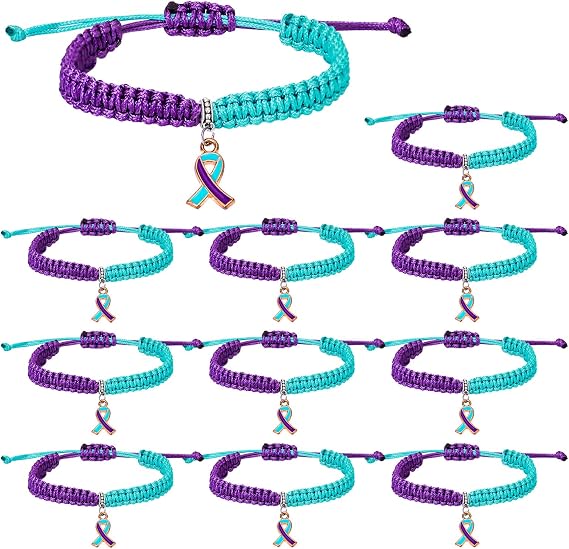 MOSOTECH 10 Pcs Suicide Prevention Awareness Bracelets with Independent Small Package of Each Piece, Adjustable Cord Purple Teal Ribbon Braided Bracelets for Women Men, Charity Campaign Supplies