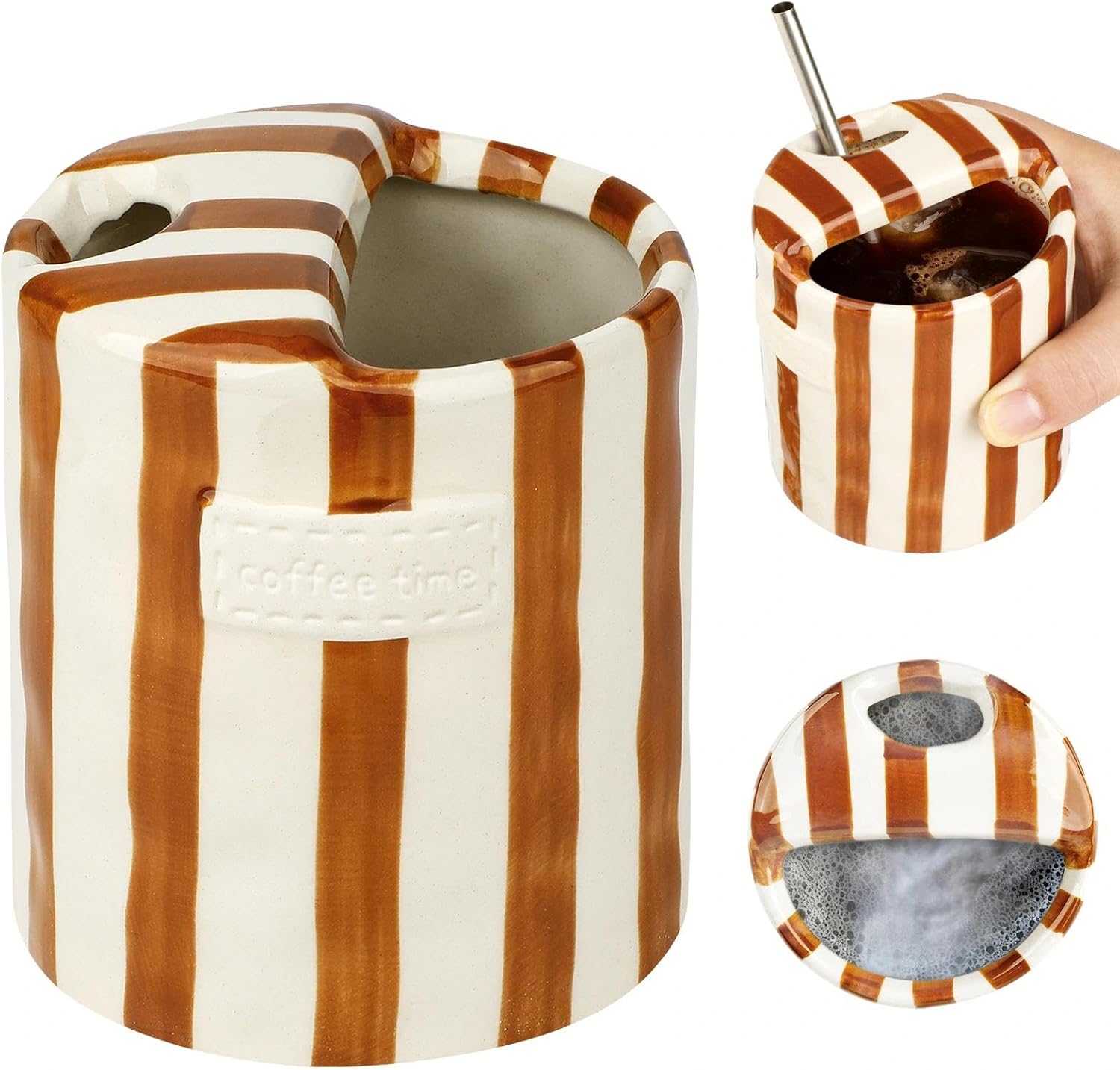 Retro Striped Hand-Painted Ceramic Mark Hand-Held Cup Heat-Resistant Non-Slip Double-Enjoy Cup for Milk Coffee Juice Latte Hot Cold Drinks Valentine's Day Mother's Day Christmas Gift Drinkware (Brown)