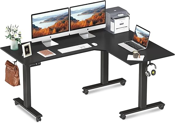 FEZIBO Triple Motor L-Shaped Electric Standing Desk, 63 Inches Height Adjustable Stand up Corner Desk, Sit Stand Workstation with Splice Board, Black Frame/Black Top