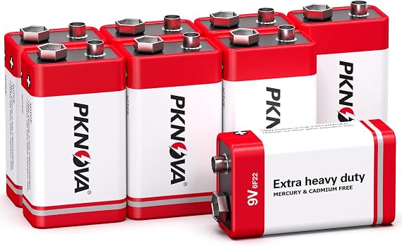 PKNOVA 9V Batteries Carbon 9 Volt Battery for Smoke Detector 6F22 Square Battery, Long-Lasting, 8 Pack
