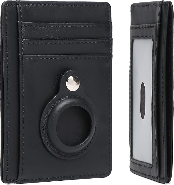 Slim Minimalist Wallet for Men with Airtag Holder Genuine Leather RFID Blocking Compact Front Pocket Card Holder, Black