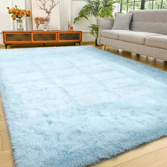 YJ.GWL Area Rugs for Living Room Bedroom, 6x9 Machine Washable Large Light Blue Carpet, Soft Fluffy Shaggy Thick Big Shag Indoor Floor Rug for Kids Boy and Girls Room Dorm Home Decor Aesthetic
