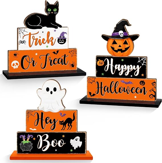 Halloween Table Signs Decorations, 3 PCS Ghost Pumpkin Bat Black Cat Wooden Table Decor, Boo Spooky Happy Halloween Rustic Signs for Home Centerpiece Tabletop Tiered Tray Trick or Treat Vintage