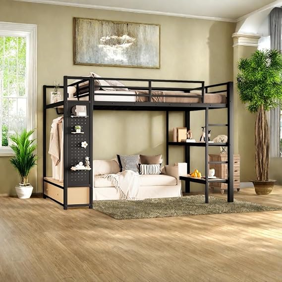 Queen Size Loft Bed with Shelves and Pegboard, Heavy Duty Loft Bed Frame with Wardrobe and Drawers, Black