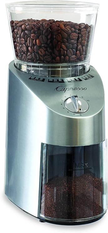 Capresso Infinity Conical Burr Grinder, See-through bean container holds up to 8.8 oz of beans