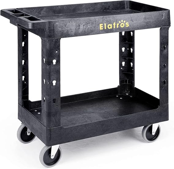 2-Tier Utility Rolling Cart, 34 x 17 in, 5" Swivel Wheels, 550lb | Deep Tub Shelves, Plastic Service Cart, Work Cart, Tool Cart, Tub Storage Organizer, Warehouse Garage Cleaning Supplies