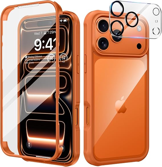 seacosmo for iPhone 17 Pro Max Case 6.9-Inch, [Built-in 9H Tempered Glass Screen Protector + Camera Lens Protector] Full Body Shockproof Cover Bumper Clear Back Case for iPhone 17 Pro Max, Orange