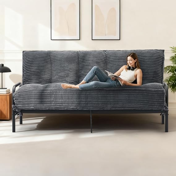 8" Futon Mattress Full Size,Futons Sofa Couch Bed with Straps, Thick Corduroy Floor Mattress for Adults, Roll Up Folding Mattress Shredded Foam Filling, Medium Firm(Frame Not Included)