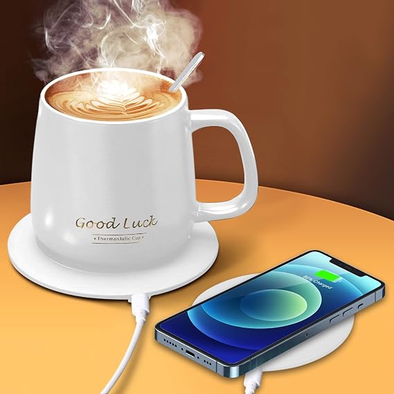 Coffee Mug Warmer Set, Self Heating Cup and Mug Warmer with Phone Wireless Charging Function, Coffee Cup Warmer for Desk Auto Shut Off, Electric Smart Mug Coffee Gift Set (12.3 oz, White)