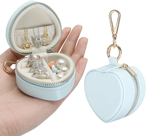 KUKUVR Mini Heart Travel Jewelry Box with Keychain (Blue)