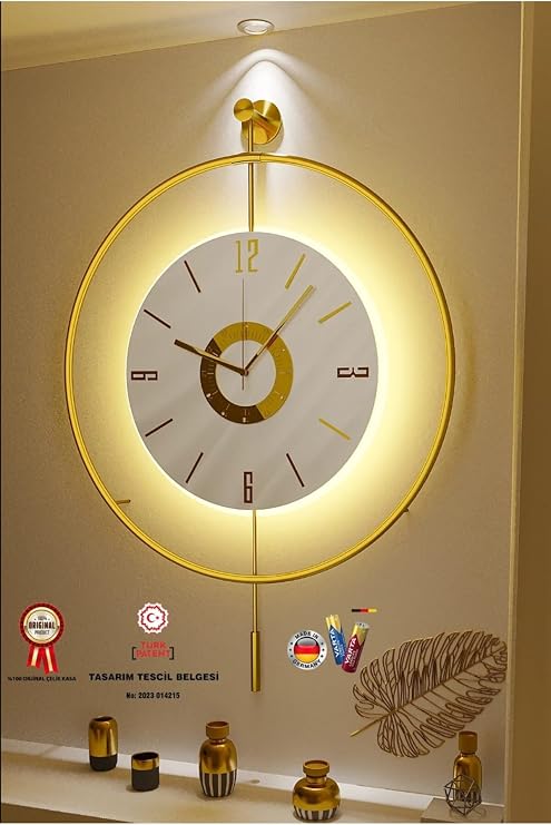 MetaQuartz Aksesuar Metal Çember - Kadran Kristal (Özel Seri- Quartz Mekanizmalı) Pilli Ledli Metal Duvar Saati gold 50 x 75