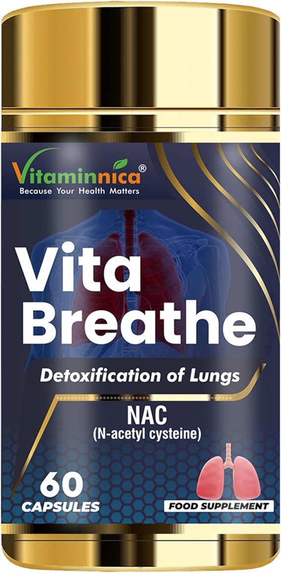 Vitaminnica Vita Breathe- Lungs Support | Cleanse and Detoxify Lungs | Reduces Damage from Smoking, Pollution, Improves Lung Health | 60 Veg Capsules | Better Respiratory Health