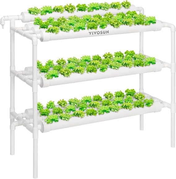 Vivosun 水耕栽培システム 90植物サイト、3層10食品グレードpvc-uパイプ 水耕栽培システム栽培キット ウォーターポンプ、ポンプタイマー、巣バスケット、葉物野菜用スポンジ付き