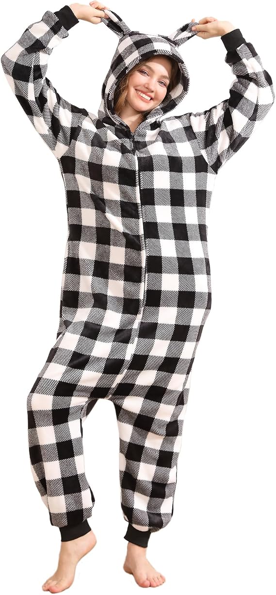 Adults Christmas Onesie Family Pajamas Jumpsuit Flannel Comfy Matching Sleepwear Hooded One Piece Warm Loungewear