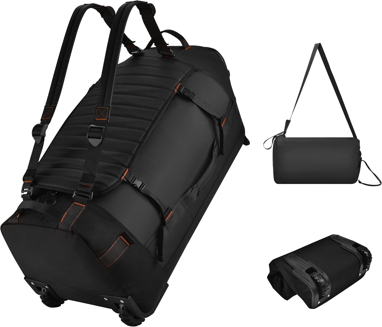 Foldable Rolling Duffle Bag with Wheels - 30" Extra Large Waterproof Travel Backpack with Shoe Compartment, Heavy Duty TSA-Approved Luggage for Men’s Camping, Sports, and Airplane Trips, Black