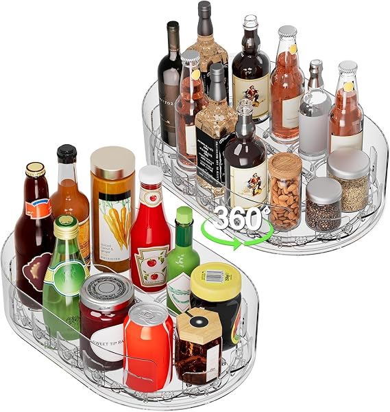 Lazy Susan Turntable Organiser for Fridge, 360°Rotating Spice Racks for Kitchen Cabinet, Fridge and Pantry Organizer, 33 X 7.5cmClear PET Revolving Condiment Holder﻿ (2-Pack)