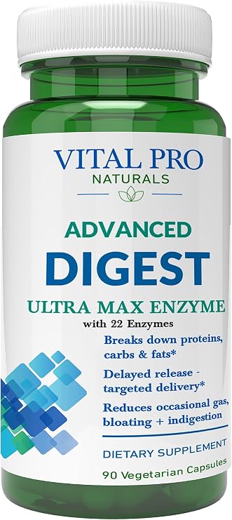 Vital Pro Naturals Advanced Digest Natural Digestive Enzyme Supports The Breakdown of Proteins, Fats, and Carbohydrates and Reduces Occasional Gas, Bloating and Indigestion 90 Capsules
