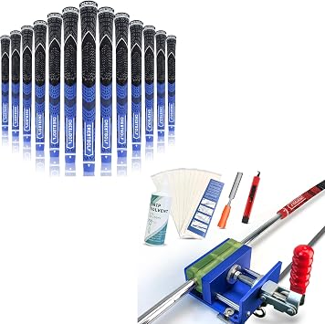 Crestgolf Golf Grip Kit Drill-Free & Drill Installation for Regripping Golf Clubs, Inlcudes 13PCS Grips,13PCS Grip Tapes, Hook Knife, Solvent, Grip Tape Remover and Aluminum Vise Clamp