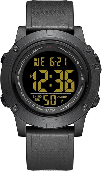 GOLDEN HOUR Mens Digital Sports Watch, Large LCD Display, 5ATM Water Resistant,Silicone Band