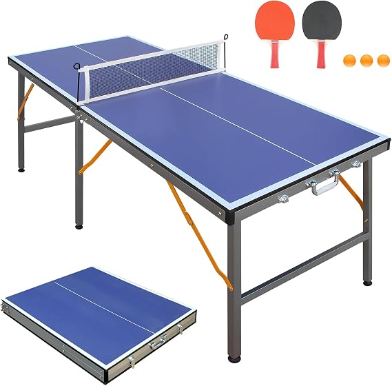 Compact Ping Pong Table, 5ft Mid-Size Indoor/Outdoor Table Tennis Game Set, Foldable, Portable Table Tennis Table with Net, 2 Table Tennis Paddles and 3 Balls