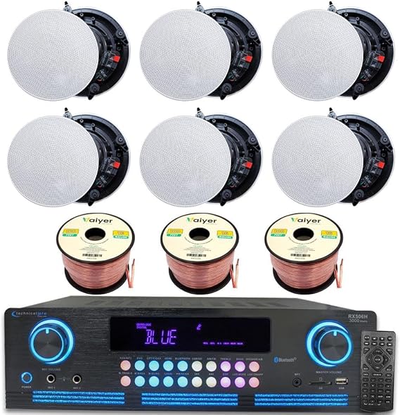 Vaiyer Home Theater Sound System Kit, 2000 W Bluetooth Amplifier | w/ 6 Qty of 8" Frameless Ceiling Speakers 300W Each, 300 ft Speaker Wire, Remote for Home, Office, Restaurant, Commercial Use