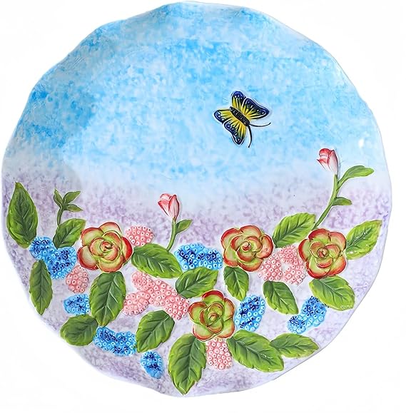 Hand Painted Reliefs flowers Deep Dinner Plate,Ceramic Salad Plates,Porcelain Plates for Kitchen Decor,Dessert Plate Dishwasher and Microwave Safe (Butterfly Love Flower)
