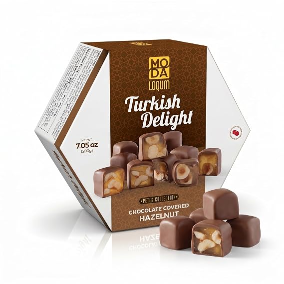 Moda Food Chocolate Covered Turkish Delight Candy (Lokum) Vegan Gourmet Chewy Candy Honeycomb Gift Box, 7.05 oz (200g), Middle Eastern Sweets (Chocolate Covered Hazelnut)