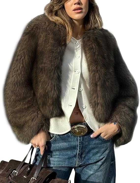 Wyeysyt Women Faux Fur Coat Cropped Fur Fluffy Winter Warm Coat