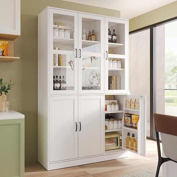 VOWNER 78.7'' Tall Large Bookcase with Glass Doors, Bookshelves Storage Cabinet with Door Shelves, Freestanding Display Organizer for Living Room, Home Office, White