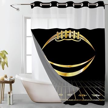 LB No Hook Shower Curtain with Snap in Liner, Black and Gold American Football Shower Curtain and Liner Set with Sheer Top Window, Waterproof Washable Fabric Bathroom Decor, 71x74Inch