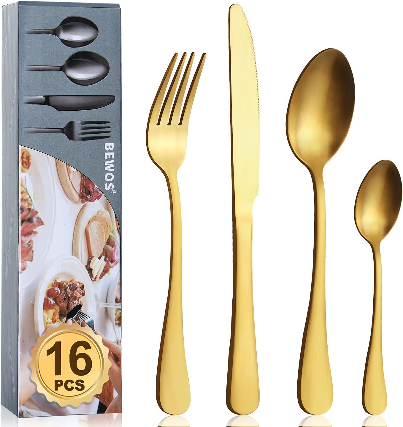 Cutlery Set, BEWOS 16-Piece Stainless Steel Matt Gold Flatware Set, Tableware Silverware Set with Spoon Knife and Fork Set, Service for 4, Dishwasher SafeEasy Clean