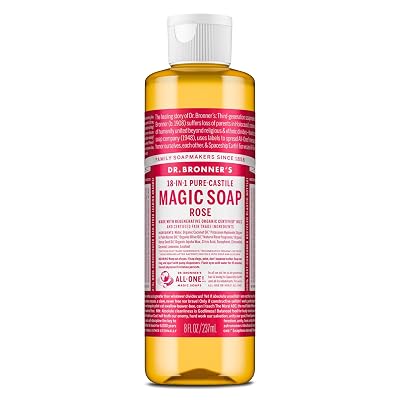 Dr. Bronners - Pure-Castile Liquid Soap Rose, 8 ounce - Made with Organic Oils, 18-in-1 Uses: Face, Body, Hair, Laundry, Pets and Dishes, Concentrated, Vegan, Non-GMO