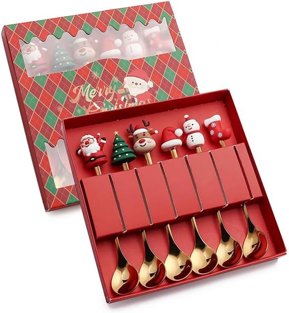 Christmas Spoon Stainless Steel Christmas Tree Tea Spoon for Home, Xmas Coffee Spoon Dinner Forks Dessert Spoon Stirring Spoon Ice Cream Spoon Creative Tableware Gift, Christmas Spoon 6-piece Gift Box