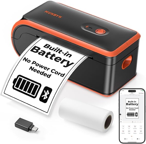 MUNBYN MC240 Bluetooth Thermal Label Printer, Portable Wireless 46 | Rechargeable battery, Bluetooth & USB connectivity, 46 label support, ink-free printing, built-in paper bin