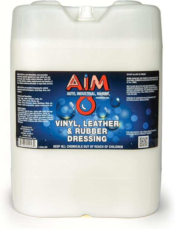 AIM Chemicals Vinyl Leather Rubber Multi-Purpose Dressing -Effective UV Protection -Leather Cleaner & Conditioner -Suitable for Interiors, Exteriors, Engines -Anti-Static -Water-Based for Cars, 5 Gal