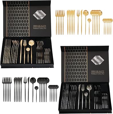 24-Piece Gold Black Flatware Set,Black Flatware,Dishwasher Safe,Stainless Steel Flatware Cutlery Set for 6,KnivesForksSpoonsTeaspoon LSTOXS