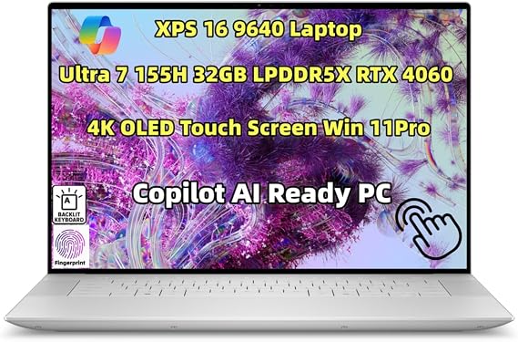 New XPS 16 9640 Powerful AI Laptop 16.3 inch OLED 4K Touch Screen 16 Cores Ultra 7 155H 32GB RAM 2TB SSD Geforce RTX 4060 Graphics Webcam Backlit Fingerprint WiFi 7 Thunderbolt 4 Win 11 Pro Platinum