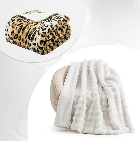 Cozy Bliss Bubble Faux Fur Throw and Leopard Print Faux Fur Throw Blanket
