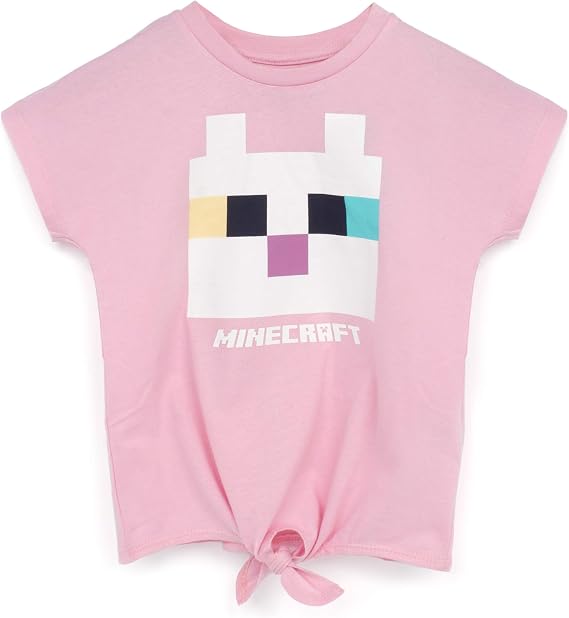 Minecraft T Shirt for Girls | Kids Kitty Front Character Tie Pink Gamer Tee | Childrens Clothing Gaming Merchandise Gifts