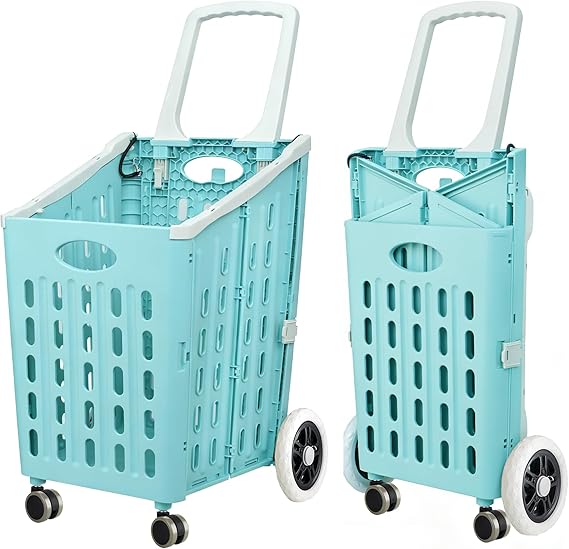 4 Wheel Shopping Cart Mint Blue,Portable Grocery Cart,Utility Carts