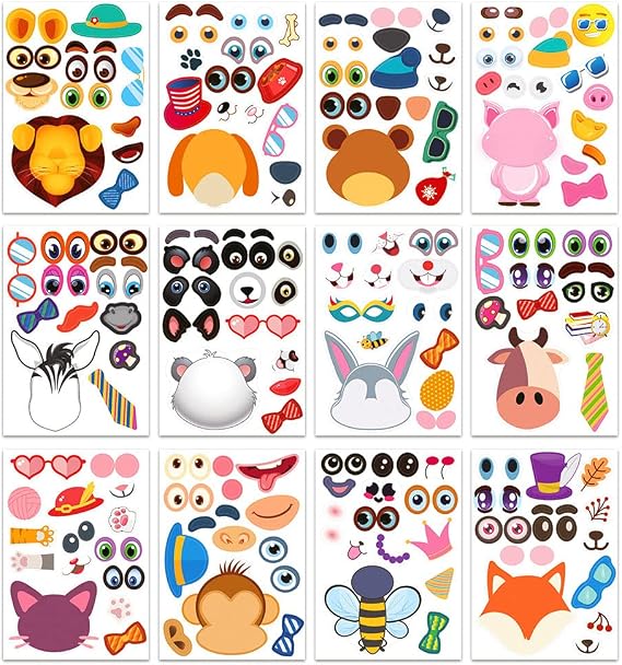 36 Pcs Make-a-face Sticker Sheets with 12 Designs,Cute Animals Face(Pig Monkey Bear Dog)Stickers Pad Gift for Reward, Art Craft, Party Favors, School,DIY Stickers Book for Kids Children.
