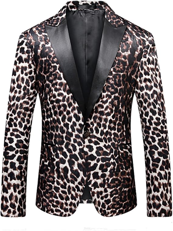 MOGU Mens Slim Fit Notched Lapel Stylish Blazer Leopard Printed Sports Coat