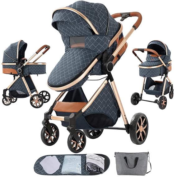 2 in 1 Baby Stroller, Convertible Newborn Travel Carriage, Reversible Infant Stroller, Toddler Standard Pram Carriage with One-Click Folding (225 Blue)