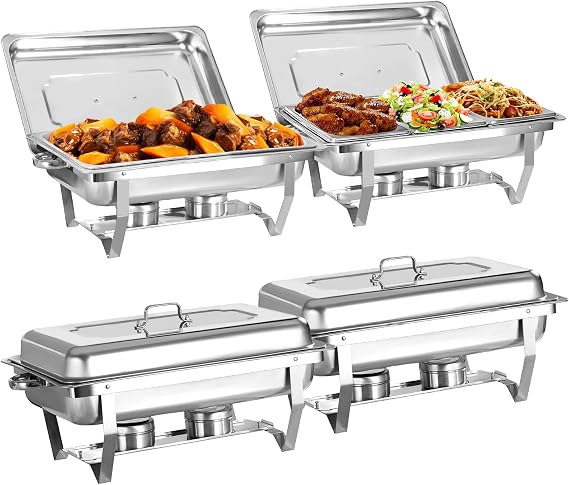 Chafing Dish Buffet Set, 4 Pack 9QT Stainless Steel Chafing Dishes for Buffet, Rolled-Edge Chafers and Buffet Warmers Sets for Birthday, Wedding (Full pan x 2 + 1/3 pan x 2)