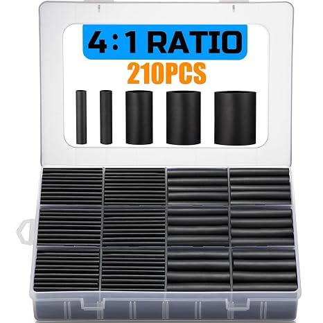 210 PCS Heat Shrink Tubing Kit - 4:1 Shrink Ratio Dual Wall Adhesive Lined - Industrial Automotive Black Heat-Shrink Tubing